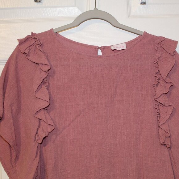 Pink Lily pink-ish ruffle tiered sleeve round neck keyhole button closure crop L - Picture 2 of 6